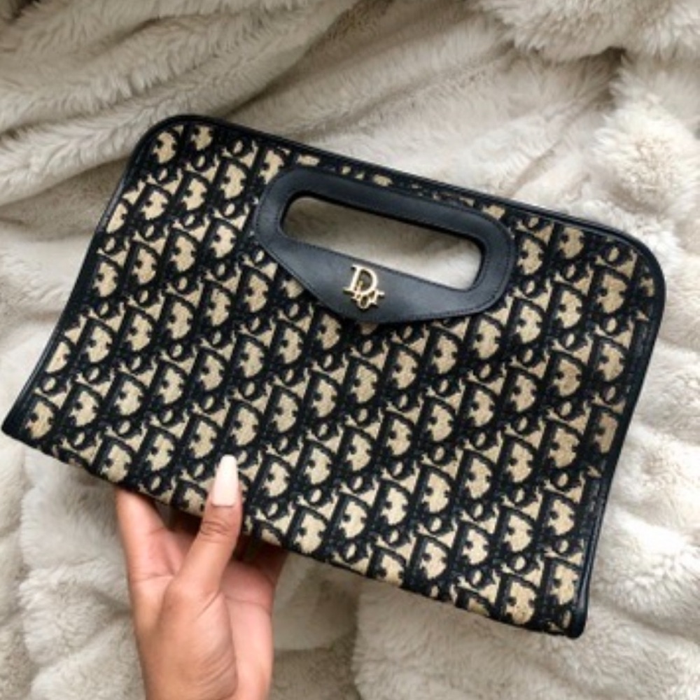 Christian Dior Vintage Oblique Jacquard Monogram Navy Blue Clutch